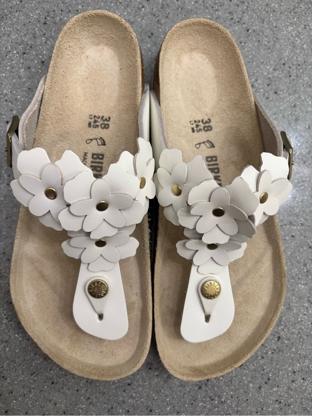 Birkenstock White Floral Thong Sandals for Women with Brass Accents